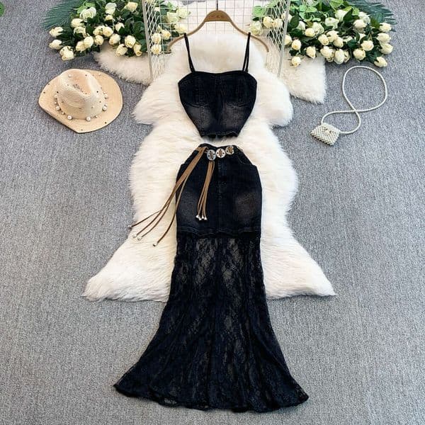 2026 designer American retro short black denim vest sexy high waisted slim fit lace patchwork skirt thumbnail 2