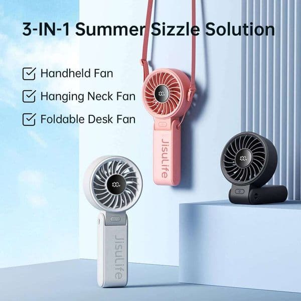 JISULIFE Portable Handheld with LED Display,5 Speeds,5000mAh,150Folded,3-IN-1 Hand/Desk/Neck Multifunction Personal Fan 26L0313