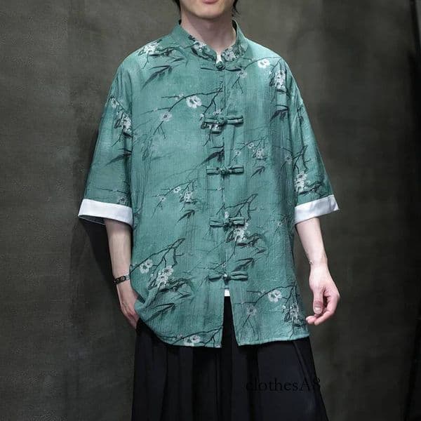 Vintage Stand Collar Chinese Style Men Half Sleeve Summer Male Floral Pattern Traditional Shirts