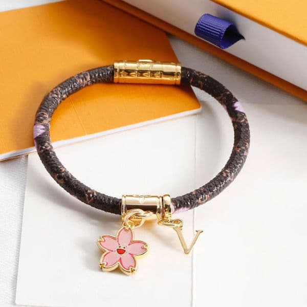 Brown Printed Leather Bracelet With Gold Tone Clasp Pink Cherry Blossom And Letter V Enamel Charms Sweet Daily Jewelry Gift For Her