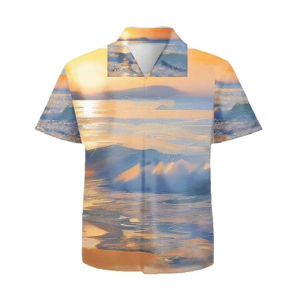 Retro oil painting style gradient beach print short-sleeved shirt American landscape printed shirt, Men's Cuban collar Hawaiian shirt, Summer loose and casual top