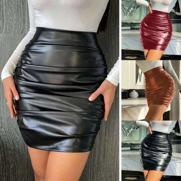 Clubwear Party Mini Skirt High Waist Faux Leather Sheath with Pleated Zipper Smooth Breathable for Women Z260315