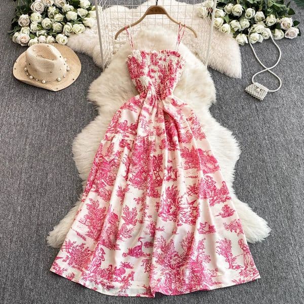 Summer PinkPurple Flower Print Romantic Retro Party Dress Elastic High Waist Vacation Long Beach Vestido 260313BJ