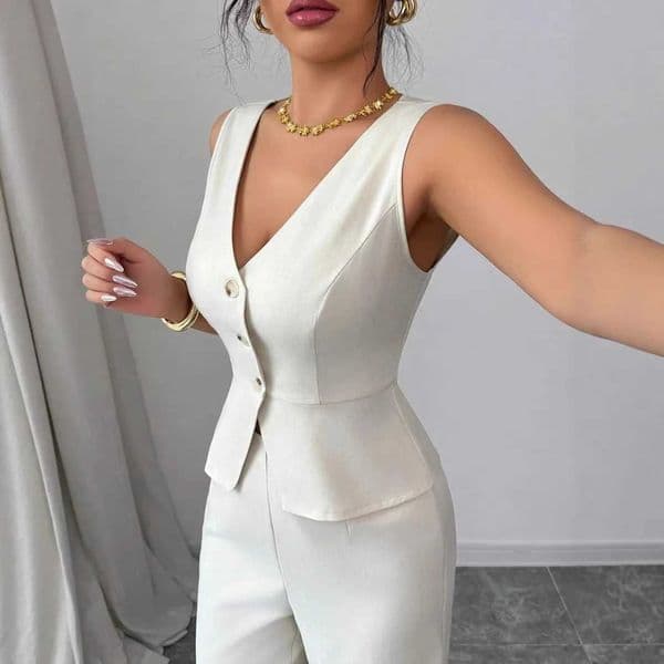 2025 Summer New European and American Womens Clothing Solid Color Sleeveless Slim Vest High Waist Trousers Two-piece Set M260313