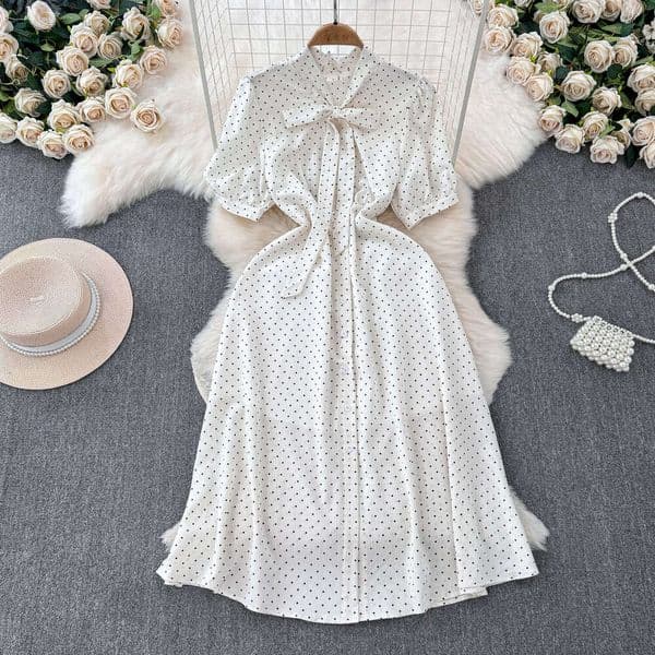 French classic polka dot short sleeved women's 2026 summer new multifunctional mid length A-line skirt suitable for commuting