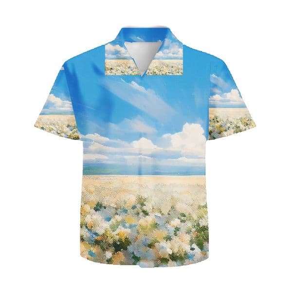 Retro oil painting, floral sea print, short sleeved shirt, impressionist countryside scenery men's Cuban collar, Hawaiian shirt, summer loose casual top