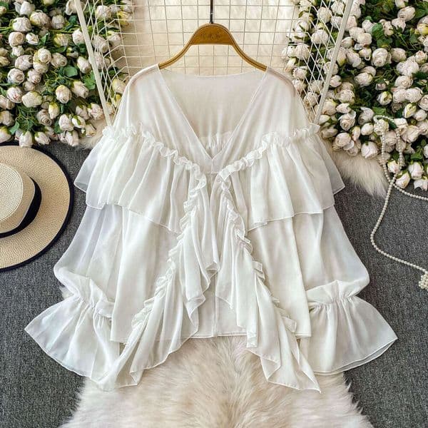 White A19 V-neck bell shaped sleeve sunscreen wrinkle resistant chiffon women's shirt 2026 summer elegant loose fit with ruffled details
