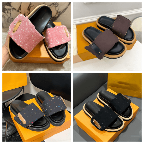 Designer Pool Pillow Flat Comfort Mules Sandals Slippers Mens Womens Platform Denim Letter Print Black White Colorful Flowers Sandale Beach Outdoor Luxury Slides