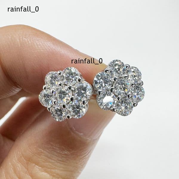 14K White Gold Plated 925 Sterling Silver Women Men Iced Out Round Flower Cluster Hypoallergenic Hip Hop Moissanite Stud Earring
