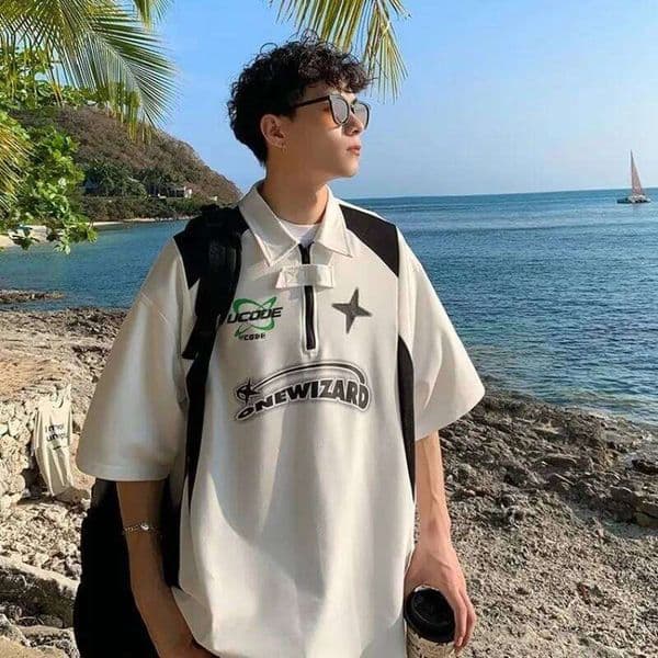 American Retro Short Sleeved Y2k Motorcycle Style Polo Collar Simple Versatile Loose Vintage Summer Couple T-shirt Casual Top 26W0314