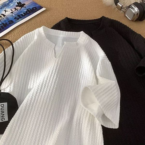 Summer New Trendy Highend Textured Vneck Shortsleeve For Men Loose And Polo Designer T-shirt Slimming Designer Hoodie Halfsleeve Top