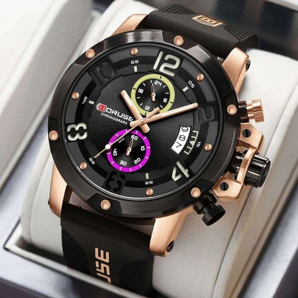 2pcs/set ,BORUSE Luxury Quartz Watches & Necklace Set, Chronograph Silicone Date Sport Reloj Wristwatch, Ideal Gift for Men