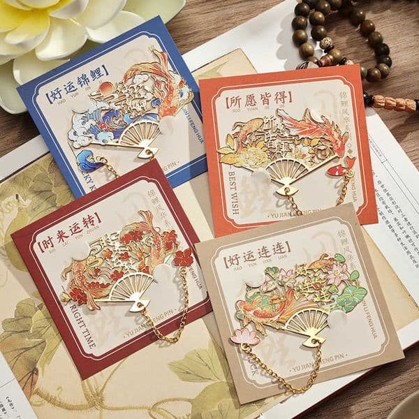 Yujian Eslite Koi Fenghua Series Metal Bookmark Chinese Fan-Shaped Brass Hollow Bookmark Souvenir L260314