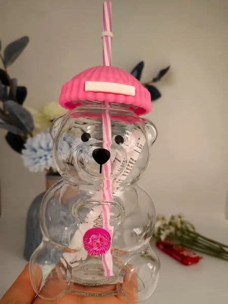 2026 US Stock Strawberry Pink Star Bucks Bearista perfume Glass Bear Cup Straw Cute Transparent Tumbler With Hat cologne For Iced Coffee Cold Drink Gift Limited