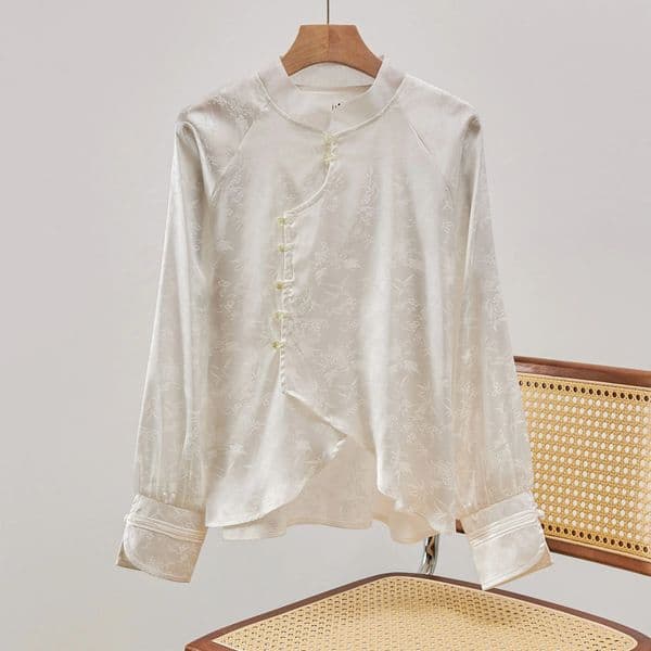 Chinese Style Womens Clothing Silk Jacquard Shirt Disk Buckle StandUp Collar Long Sleeved Loose Bottoming Blouse 260228BANJIA
