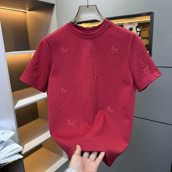 2026 Summer New Men's Short-sleeve Designer T-shirt Polo With Embroidered Horse Pattern Designer Hoodie And Rhinestone Appliques Trendy Brand Light Luxury Heavy