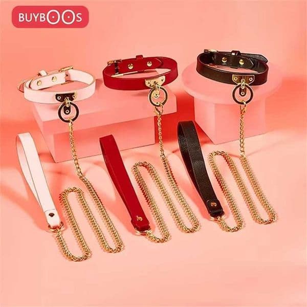 BUYBOOS Leather Neck Collar Leash Set Couple BDSM Dog Slave Neck Collar O Ring Choker Cowhide Leather Choker Collar Sex Toys 1P8a