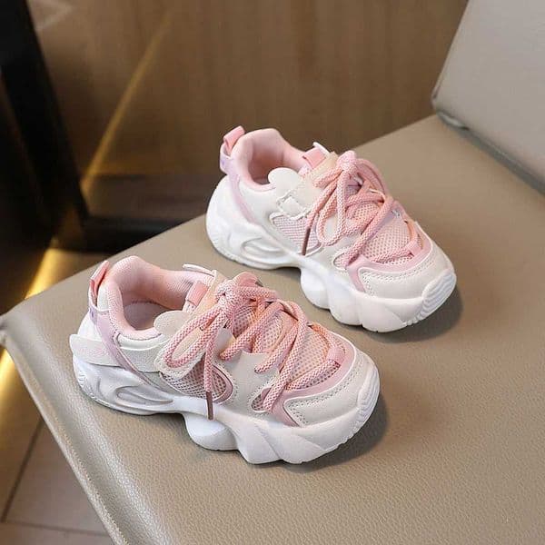 COMFY KIDS Girls 3-8 Years Pink White Chunky Sneakers Mesh Upper Breathable Lace-Up Soft Comfortable Sole Cushioned Daily Casual School ShoesT260314