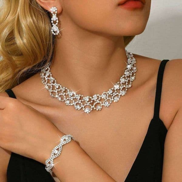 Vintage Lace Rhinestone Jewelry Necklace+Earrings+Bracelet Women's Bridal Crystal Choker Set for Wedding Party Evening Dre Z260313