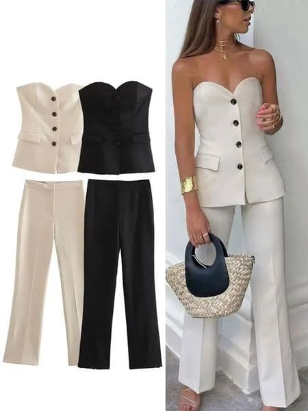 HH Women Elegant Solid Pant Suit Front Button Strapless Sexy Tank Tops Side Slit Trouser Female Fashion Streetwear Sets 260309