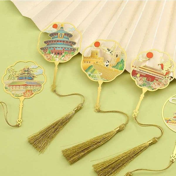 Beijing Metal Round Fan Bookmark - Great Wall Temple of Heaven Forbidden City - Ancient Style Cultural Gifts for Journals L260314