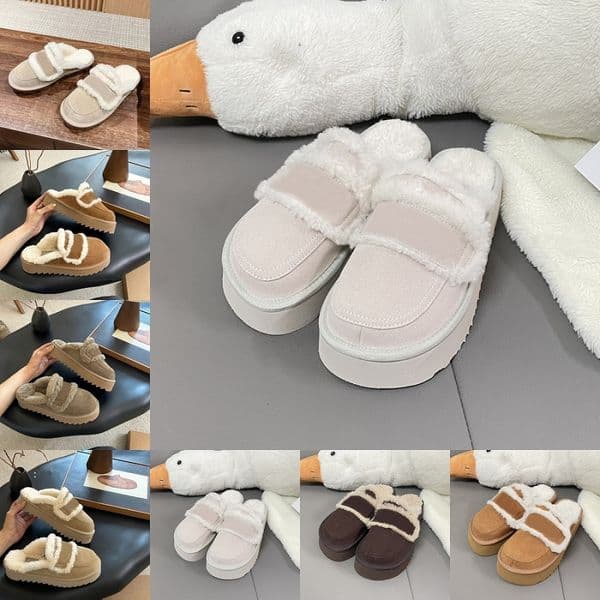 Fur Slippers Women Slides Designer Sandals Winter Slip-On Fashion Flip Flops Chestnut Chocolate Sand Grey Warm Casual Platform Shoe Lady Thick Bottom Booties Scuffs