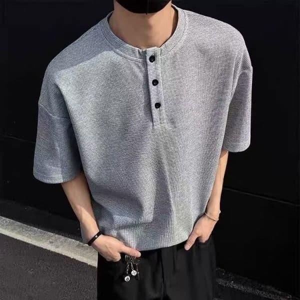Summer Trendy American Designer Hoodie Style Men's Waffle Knit Loose Casual With Henley Designer T-shirt Polo Collar And Short Sleeves