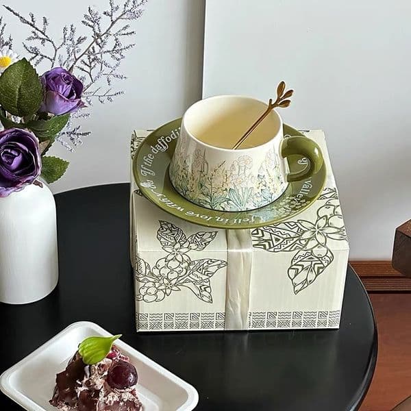 Vintage-Inspired Elegance: Aesthetic Flowers Embossed Ceramic Mugs with Matching Cups Dainty Drinkware Essentials