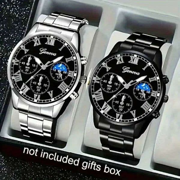 2Pcs Fashion Simple Men's Round Analog Alloy Strap Men Business Sporty Quartz Wrist Watch Set The Best Gift for Teachers