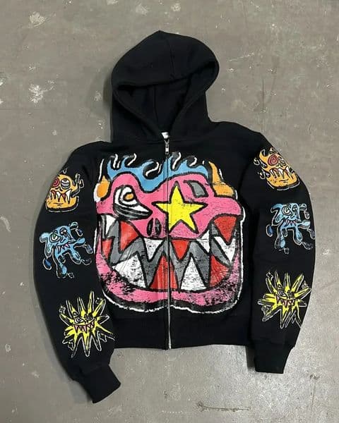 American Gothic trendy letter pattern printed oversized hoodie mens Y2K fashion Harajuku all-match loose zipper sweatshirt 260310