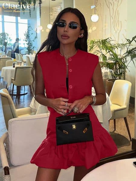 Clacive Summer Loose Red Cotton Womens Two Pieces Set Fashion Sleeveless Tank Top With High Waist Mini Skirt Set Female 260306