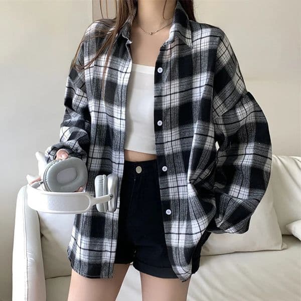 Black Flannel Shirt for Women Long Sleeve Collared ButtonUp Tartan Plaid Jacket Teengirl Casual Everyday Outfit 260312BJ