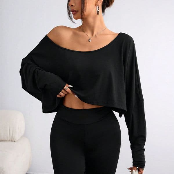 Autumn New European And American Style Asymmetrical Long Designer Hoodie Sleeve Polo Short Designer T-shirt Offshoulder Loose Top For Women