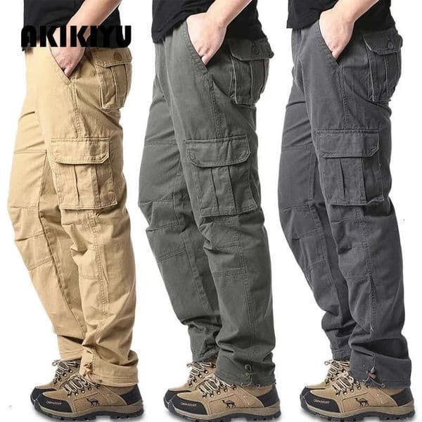 Large Pocket Loose Overalls Mens Outdoor Sports Jogging Tactical Pants Elastic Waist Pure Cotton Casual Work AKIKIYU