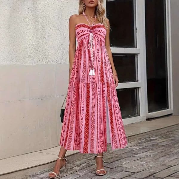 European And American Bohemian Women's Clothing Vacation Style Summer Fashion Slit Sexy Printed Tie Strap Tube Dress