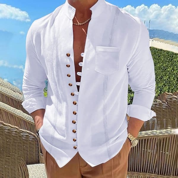 Mens cotton and linen pocket retro stand-up collar long-sleeved shirt Casual multi-button solid color striped cardigan 260311BJ
