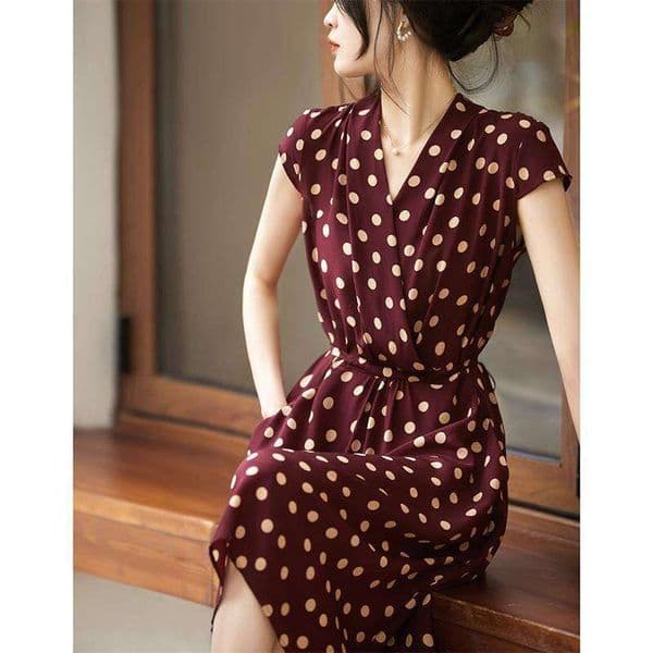 Polka Dot Hepburn With Waist Tie Girls, Mulberry Silk Tea Break Dress For Summer Sqd583506mg Sustainable Handmade Vintage-inspired Versatile Beach-to-Bar