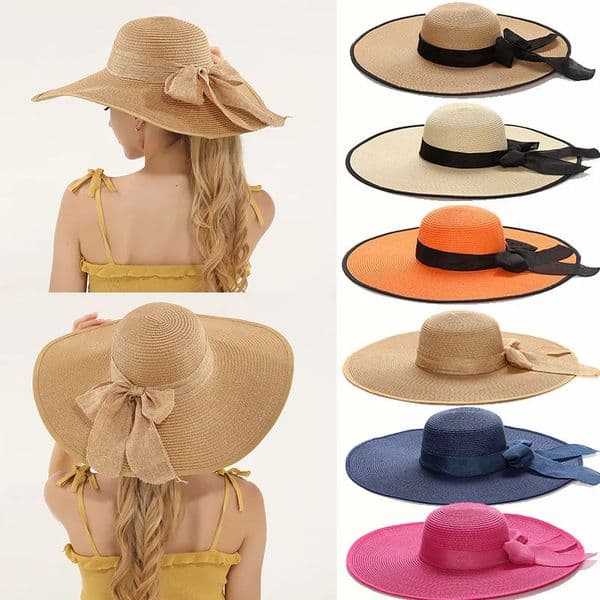 15CM Wide Brim Beach Straw Hats For Women Simple Foldable Summer Outing Sun Hat Fashion Flat Brom Bowknot Uv Protection Panama 260312