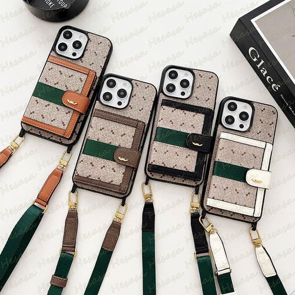 Luxury Print Retro Leather Phone Case for iPhone 17 Pro Max 16 Plus 15 14 13 12 Designer Flip Card Pocket Shoulder Crossbody Anti-skid Detachable Strap Cover iPhone15