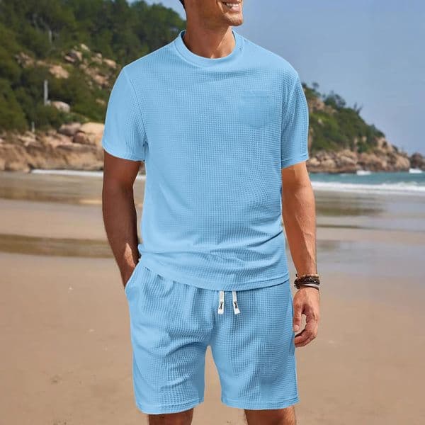 New Men's Fashion European And American Summer Designer T-shirt Sports Casual Loose Thin Polo Waffle Short Designer Hoodie Sleeve Shorts Set