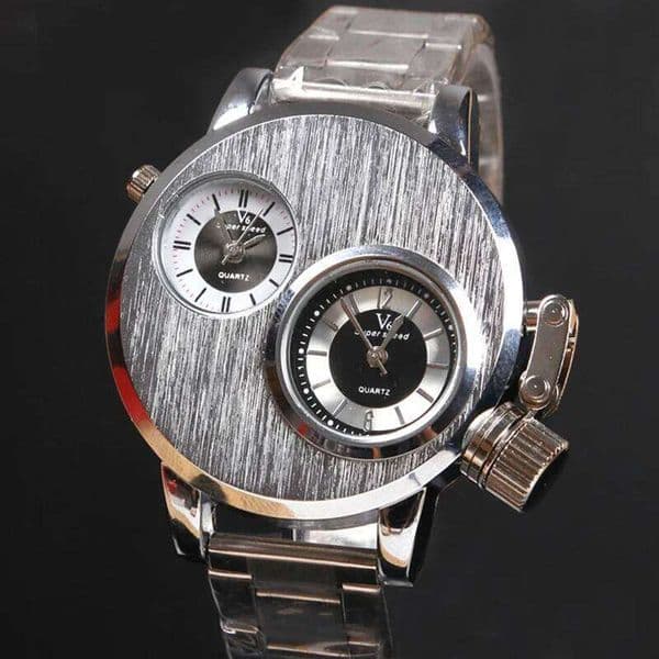 V6 Men Watch Double Dial Steel Wristwatch Exquisite Silver Big Size Business Watches Male Clock Masculino Relojes Outdoor Saati