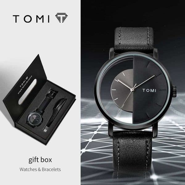 TOMI New 2PCS Box Minimalist Business Hollow Round dial Men's Quartz Watch Bracelet Clock Gift Reloj