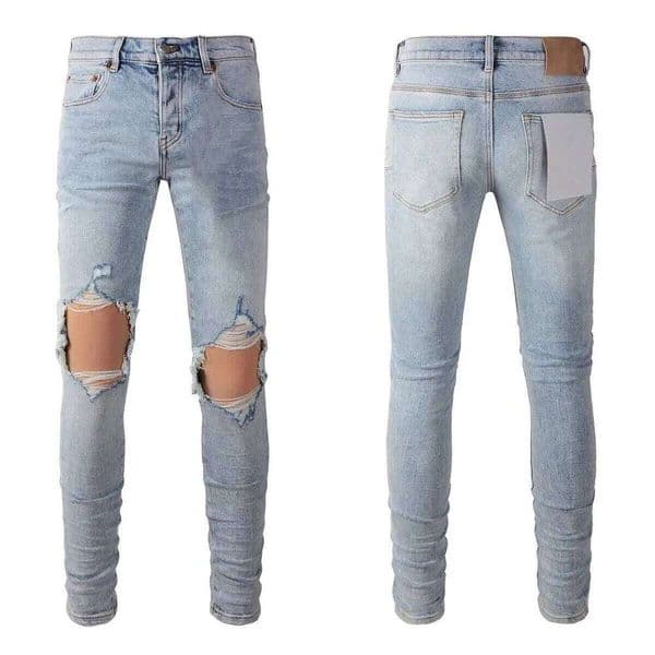 New Men American High Street Fashion Distressed Washed Classical Blue Damaged Holes Stretch Skinny Button Fly Ripped Jeans Pants 26H0314