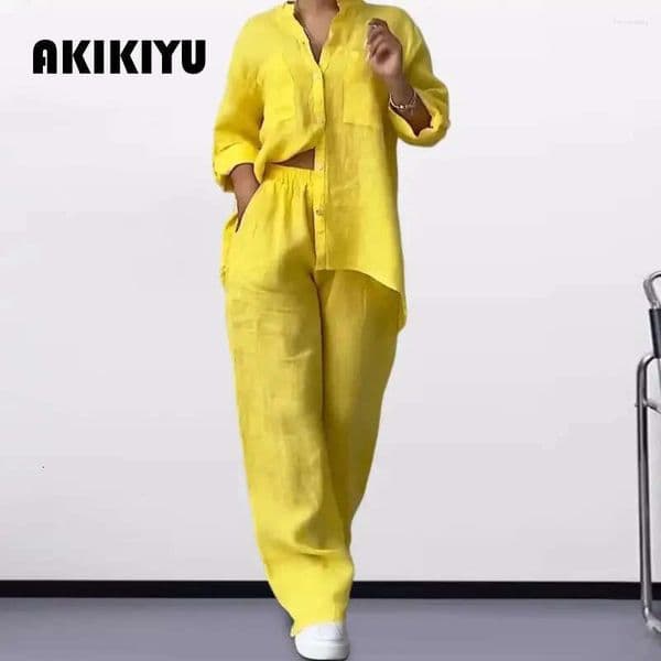 Women's Two Piece Pants Stand-Up Collar Outfit Versatile Homewear Set Stylish Stand Shirt Wide Leg For Comfortable Chic Commute AKIKIYU