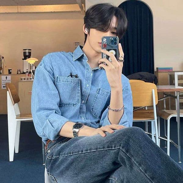 Spring Clothing Men's Denim Long-sleeved Pocket Shirt Casual Korean Turn down Button Streetwear Light Luxury Stylish 2025 New