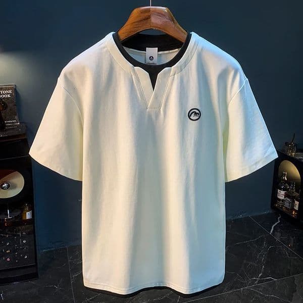 Summer Tshirt Mens Trendy Fashion Knitted Embroidered Small Vneck Two piece Stacked Short Sleeve Breathable Top 260302BANJIABANJIA