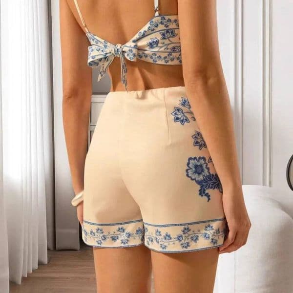 Sexy Sleeveless Crop Top Shorts Skirts Sets Summer Backless Lace-up Hollow Women Suits Retro Floral Print Beach Vacation Outfits dongdumaoyi