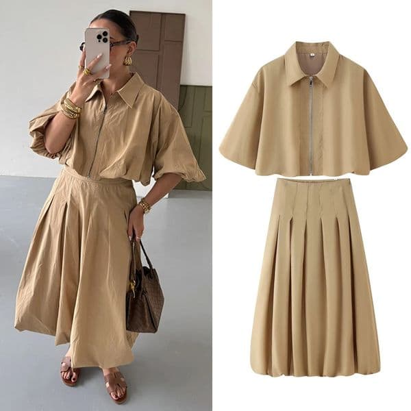 Womens Autumn Short Zipper Jacket Sleeved Top High Waisted Pleated Lantern Flower Bud Half Skirt Set 260313BJ
