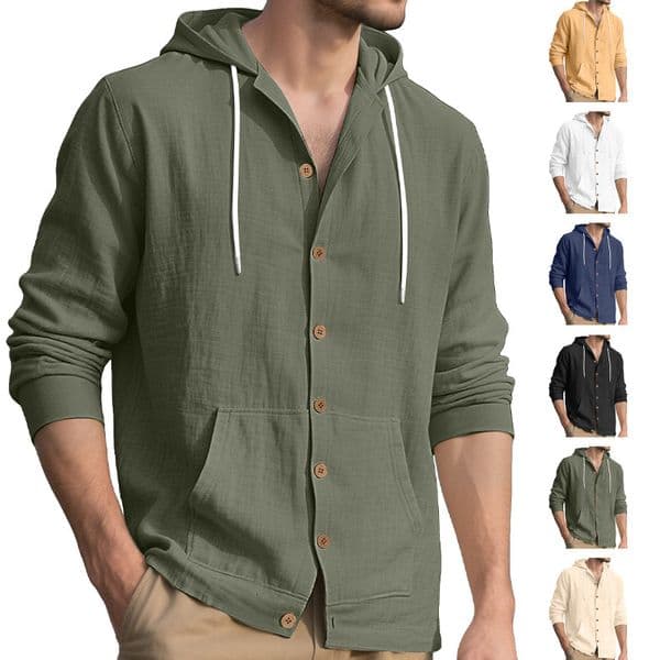 European And American Designer Jacket Solid Color Fashion Shirt Men's Casual Sports Cotton Linen Long Sleeve Buttoned Hooded Cardigan Jacket