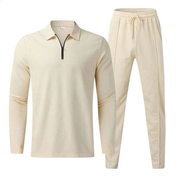 Waffle mens casual long sleeve Polo shirt sweatpants suit set Solid mens lapel collar sweatshirt set 2PCS mens clothing 260306